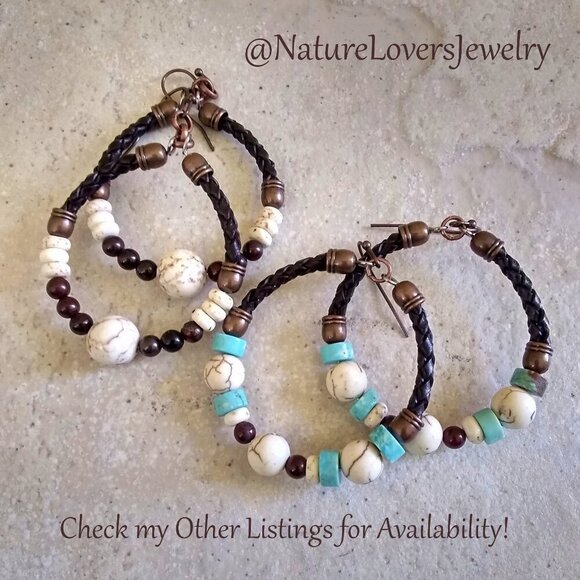 Rustic SouthWestern Flair! Leather + Jasper + Turquoise Howlite Hoop Earrings - Picture 11 of 11